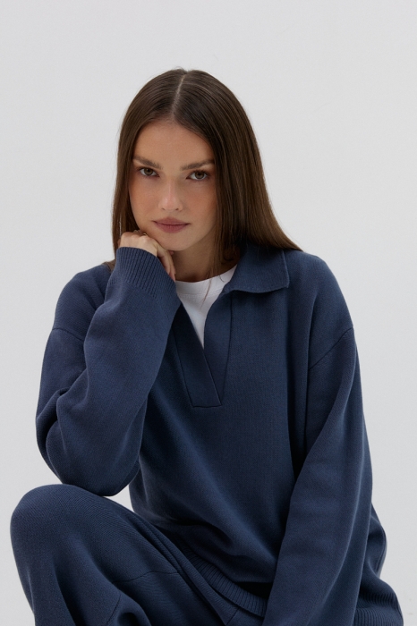 Sweter bawełniany polo Theo, granatowy