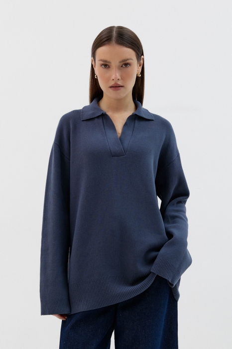 Sweter bawełniany polo Theo, granatowy